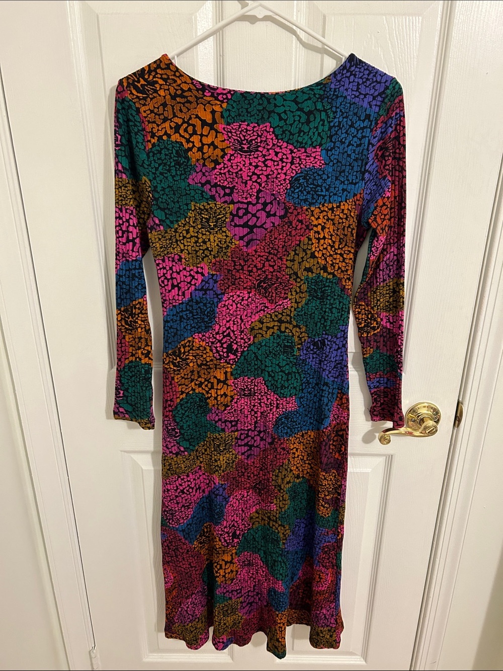 Farm Rio Rainbow Mix Jersey Dress Ribbed Knit Long Sleeve Midi New Size Medium - Picture 7 of 13